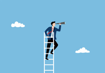 Businessman holding a telescope standing on the ladder looking for success, Searching new business goals, Finding ambition and motivation concept vector illustration.