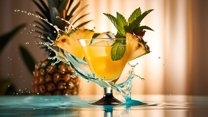 Dynamic splash of pineapple juice cocktail with flying fruit slices, isolated background