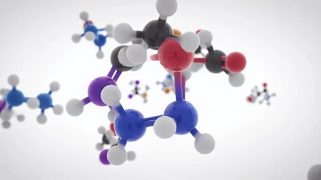 A detailed 3D illustration of complex amino acid molecules floating on a white background, representing biochemistry and scientific research - Powered by Adobe