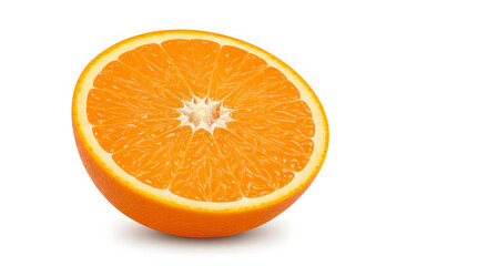 Fototapeta premium A fresh, juicy half orange fruit cut cross-sectionally, isolated on a white background. A vibrant citrus concept.