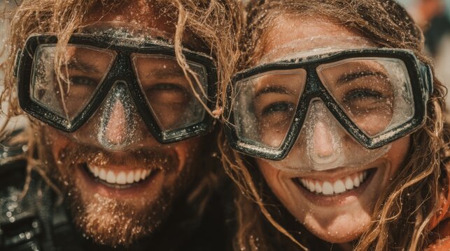 Smiling Couple in Diving Masks After Ocean Adventure