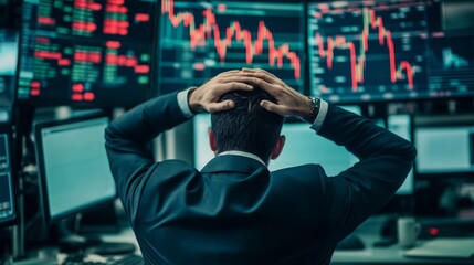 A stressed businessman holds his head while looking at multiple monitors displaying declining stock market graphs and data.
