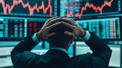 A man in a suit holds his head, stressed, while watching multiple fluctuating stock charts on screens.