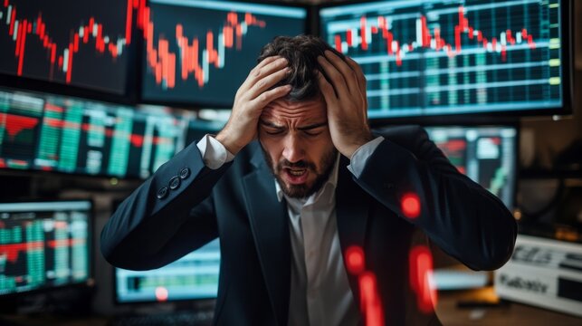 A stressed businessman holds his head amid multiple screens displaying sharp stock market declines.
