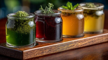 Four Colorful Drinks in Small Jars on Wooden Tray