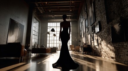 Beautiful black Halloween angel with wings, feathers, standing in an old white mansion.