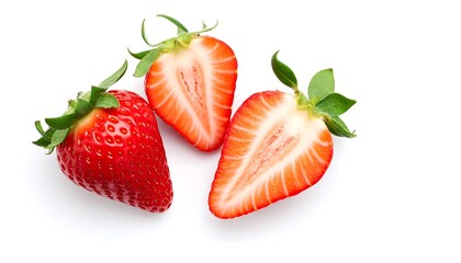 Fresh strawberries, halved, on white background
