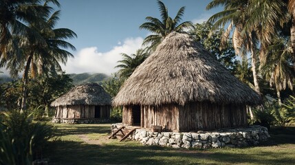 Tropical huts, village pathway, lush jungle background