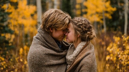 Fototapeta premium Romantic Couple Embracing in Autumn Forest