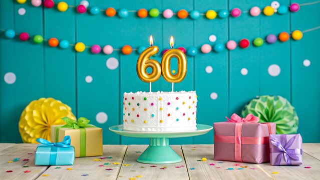 Colorful 60th birthday cake with candles, gifts, and decorations on wooden table

