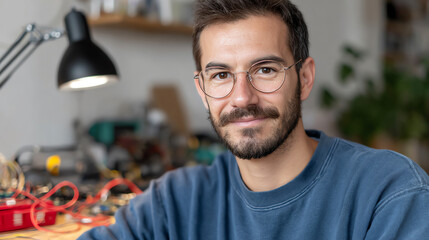 A confident young man in glasses smiles at the camera, surrounded by tools and equipment in a creative workspace.