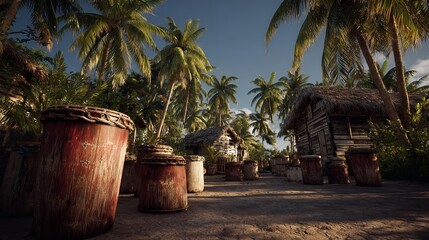 Tropical huts, village pathway, lush jungle background