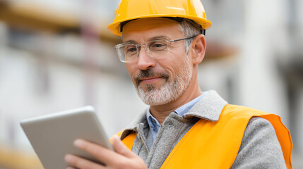 A construction manager wearing a hard hat and safety vest while using a tablet on a job site, ensuring project efficiency.