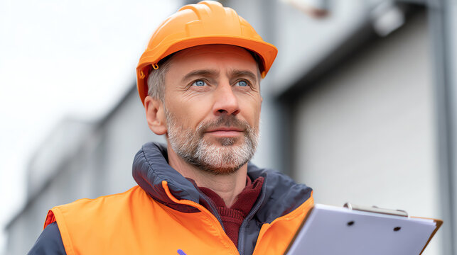 A construction worker in an orange helmet reviews plans on a clipboard, showcasing dedication and safety in the workplace.