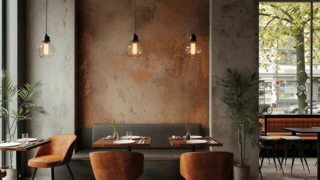 Stylish urban cafe featuring concrete walls, warm pendant lighting, orange velvet chairs, and large windows with street view and natural light.