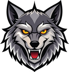 Obraz premium Furious Gray Wolf Face Mascot Illustration with Open Mouth and Yellow Eyes