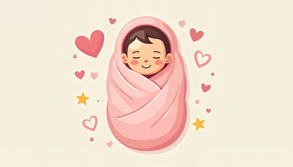 Cute baby smiling in pink wrap with hearts and stars
