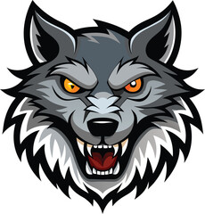 Obraz premium Intense Gray Wolf Face Mascot Illustration with Ferocious Snarl and Orange Eyes