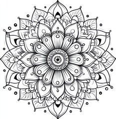 A detailed black and white mandala illustration with intricate floral and geometric designs in a circular pattern