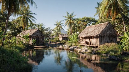 Tropical huts, village pathway, lush jungle background