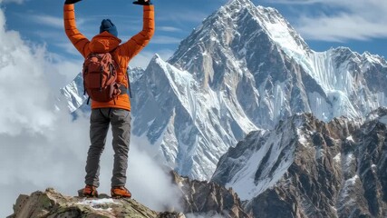 Adventurer in orange jacket raises arms in triumph while standing on a rocky peak, facing a towering, snow-covered mountain range.