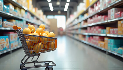 Shopping cart filled with yellow duck toys in supermarket aisle  
