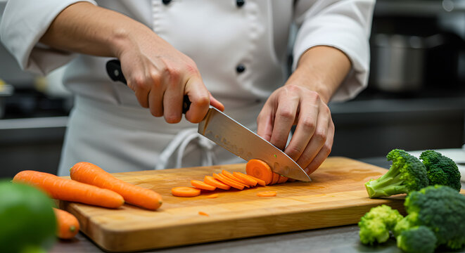 Chef Slicing Carrots on Wooden Cutting Board