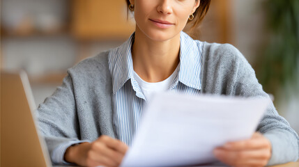 A focused woman reviews documents at her desk, exemplifying professionalism and attention to detail in a modern workspace.