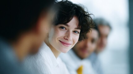 Obraz premium Young woman with freckles smiles looking at the camera in a professional setting with colleagues blurred behind her