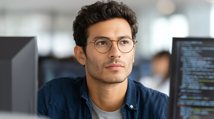 Obraz premium A focused young man with glasses working on a computer in a modern office environment, showcasing professionalism and concentration.