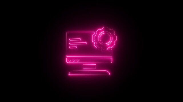 Animation of glowing neon Computer setting icon isolated , monitor with gears icon animation, setting icon .