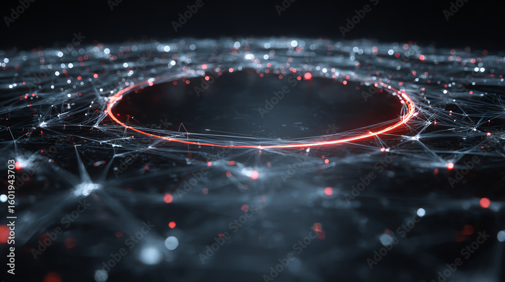 Poster a futuristic digital interface featuring interconnected nodes and glowing lines that represent data 