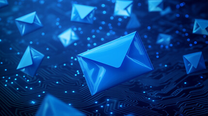 Poly mailer packages floating in digital connection glowing blue line setting. Concept of communication, shipping logistic