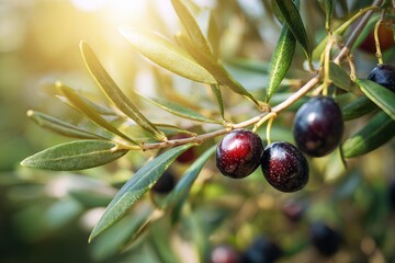 Olive tree branch with fruit and leaves natural sunny agricultural backdrop