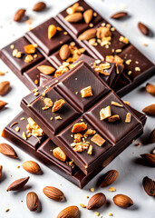 Close-Up Flat Lay of Dark Chocolate Bars with Almonds and Shavings