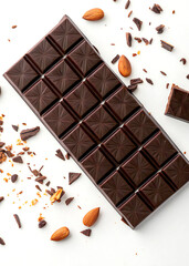 Close-Up Flat Lay of Dark Chocolate Bars with Almonds and Shavings