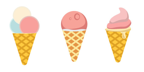 Three ice cream cones are illustrated. The first features two scoops, one cream-colored and the other light blue, in a waffle cone