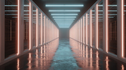 A modern corridor illuminated by vibrant neon lights, showcasing innovative design and sleek architecture in a futuristic setting.