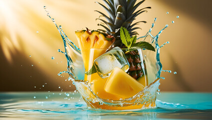 Action shot of pineapple beverage splashing from glass with bold colors and motion effect