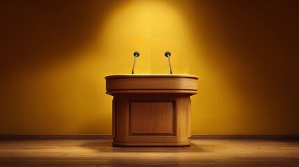 A dark, modern podium with a wood-grained tabletop, softly lit to emphasize its clean lines