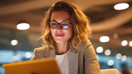A professional woman smiling while using a digital tablet in a modern office setting, embodying innovation and efficiency.