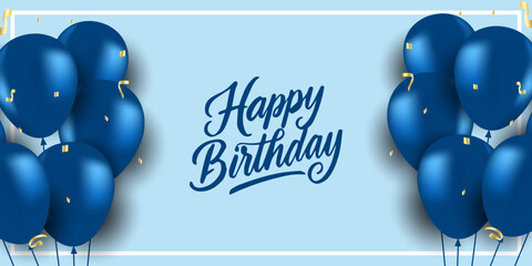 Happy Birthday cards with balloons and blue strips. Template for postcard, poster, flyer, banner,  anniversary horizontal banner with flying helium balloons and confetti ribbons.and copy space.