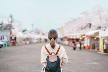 Woman tourist sightseeing Kakunodate Cherry Blossom Festival. Happy traveler travel near Hinokinai...