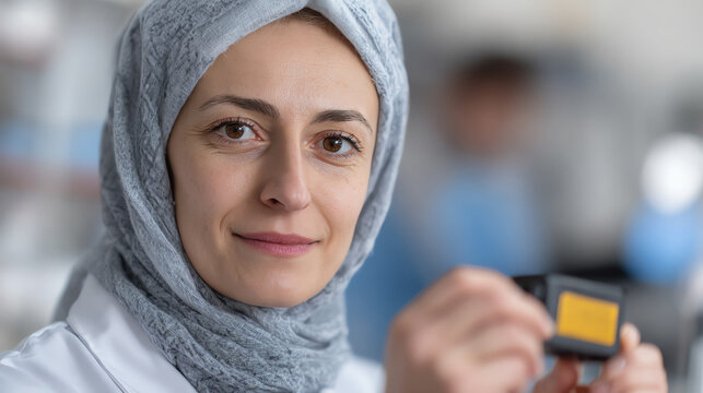 A smiling woman in a lab coat and headscarf holds up a small device, symbolizing innovation and research in a scientific environment.