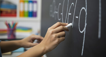 Hands Writing Mathematical Equations on Chalkboard in Classroom Setting