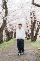 man tourist sightseeing Sakura Cherry Blossom in Spring. Happy traveler travel near Hinokinai River...