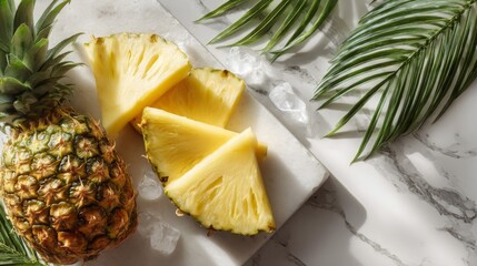 Ripe Pineapple Slices on Marble with Palm Leaves
