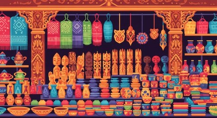 Colorful Artisan Shop Displaying Pottery, Carvings, and Hanging Decorative Items.