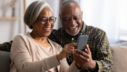 Happy senior couple using smartphone together at home enjoying online content video call
