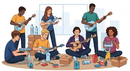Diverse Group Creating Recycled Musical Instruments
